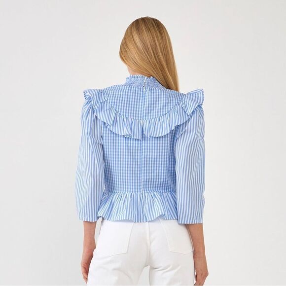 EUC English Factory Gingham Check & Stripe Mixed Blouse Size Medium - Picture 4 of 10